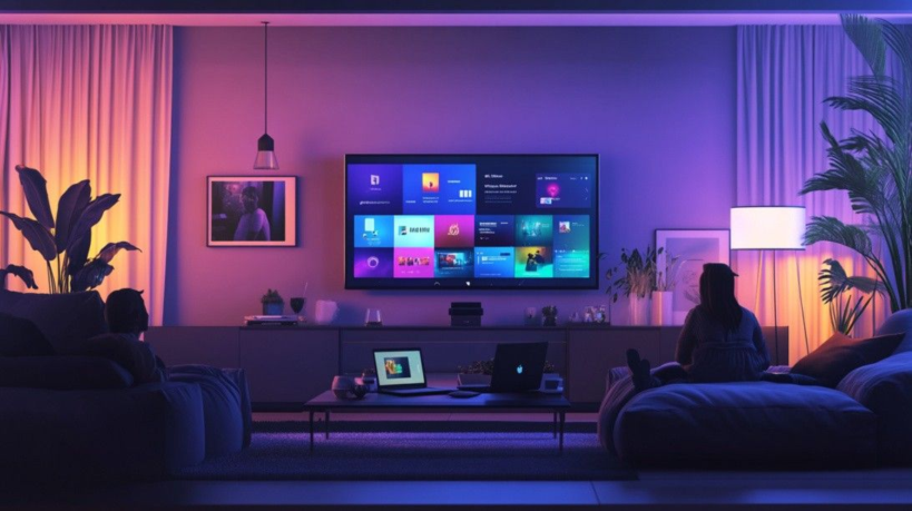 Two people in a modern living room watching digital content on a smart TV, surrounded by ambient lighting and multiple screens—illustrating advertising consumption trends in 2024.